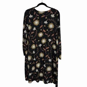 Gudrun Sjoden Gray Floral Print Midi Dress Large Lagenlook Organic Cotton Modal